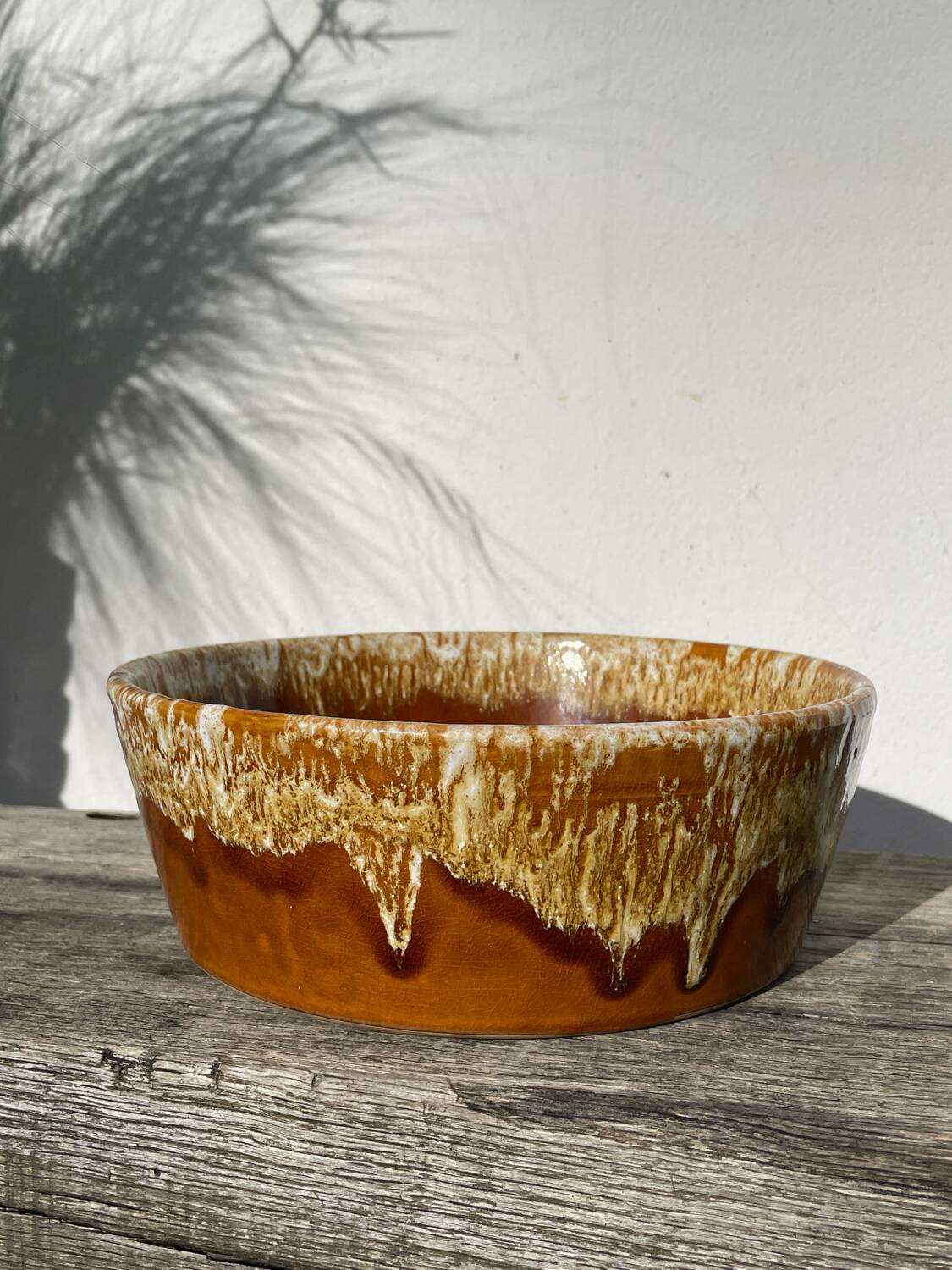 Ceramic salad bowl with beige drip glaze, 1970s pottery
