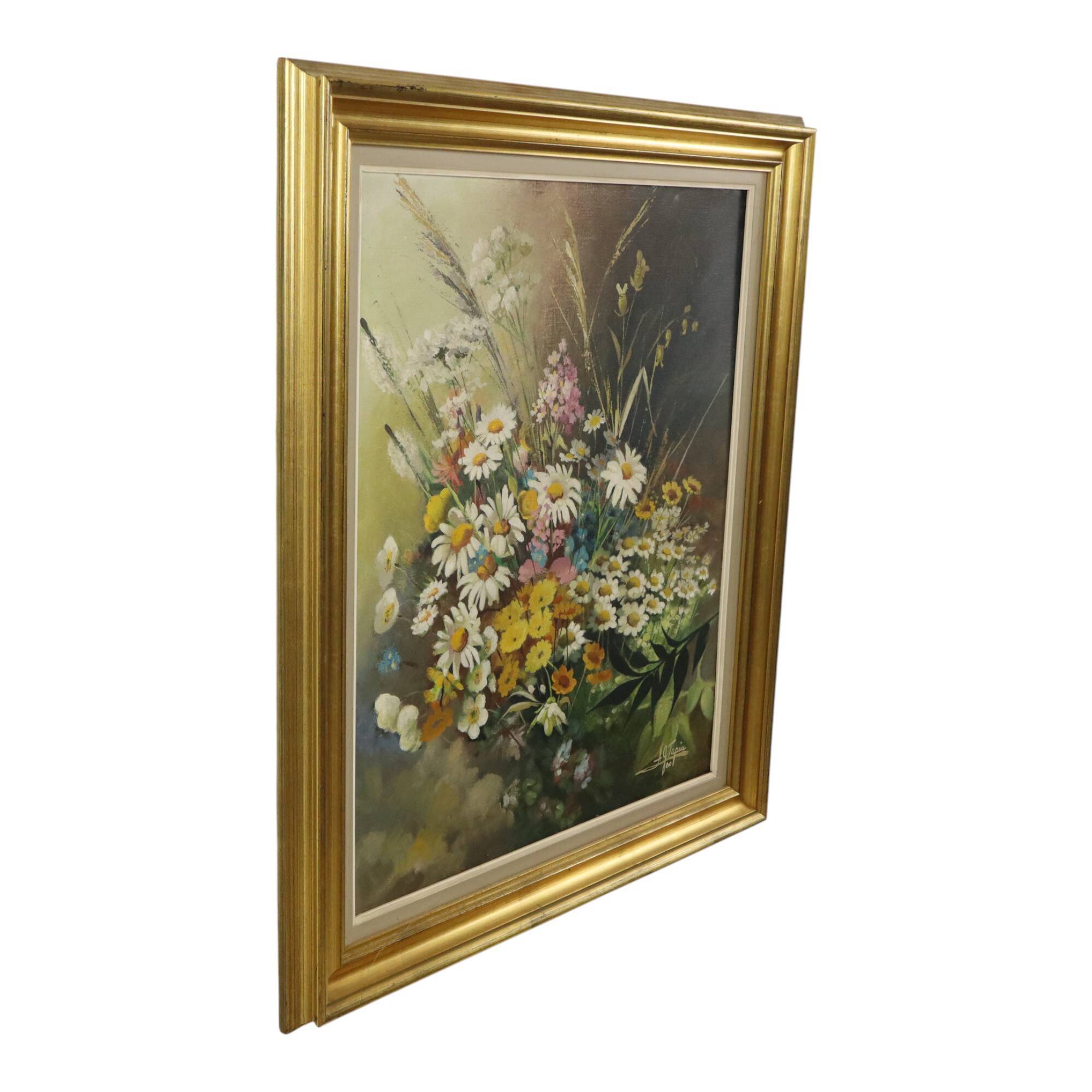 Flowers Bouquet Still Life Painting Oil on Canvas Framed Signed