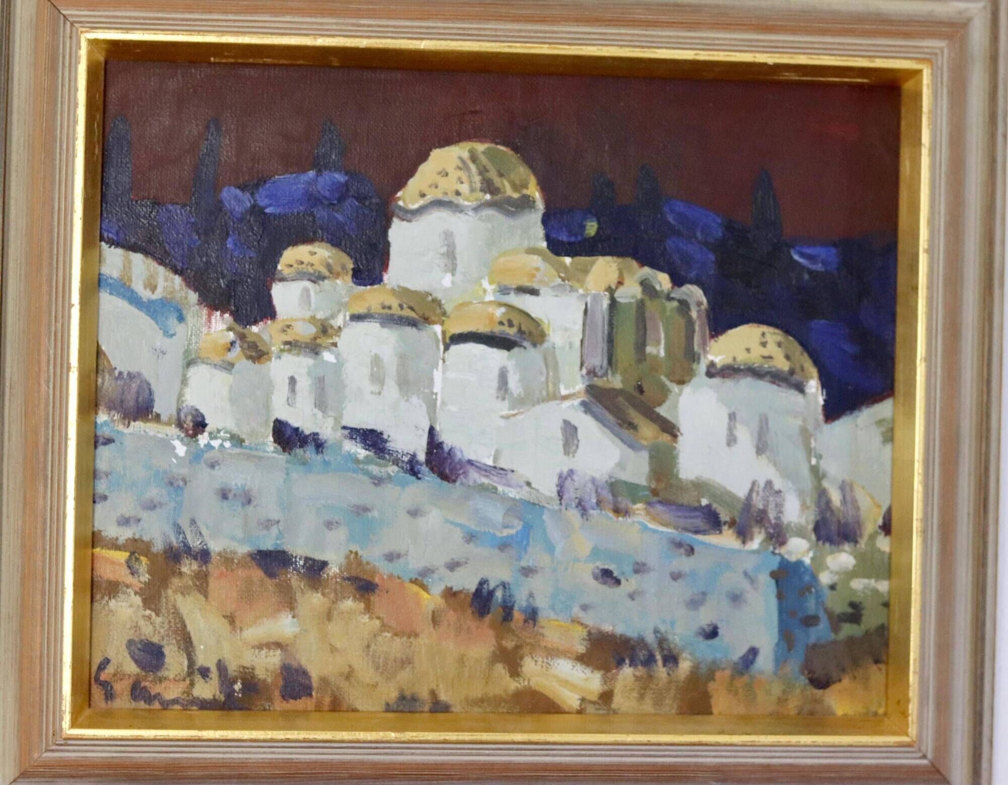 Original Swedish Mid-Century Oil on Canvas “Town” by Tage Garvik Vintage & Framed