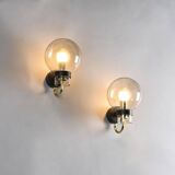 Pair of brass and blown glass wall lights, Glashütte Limburg