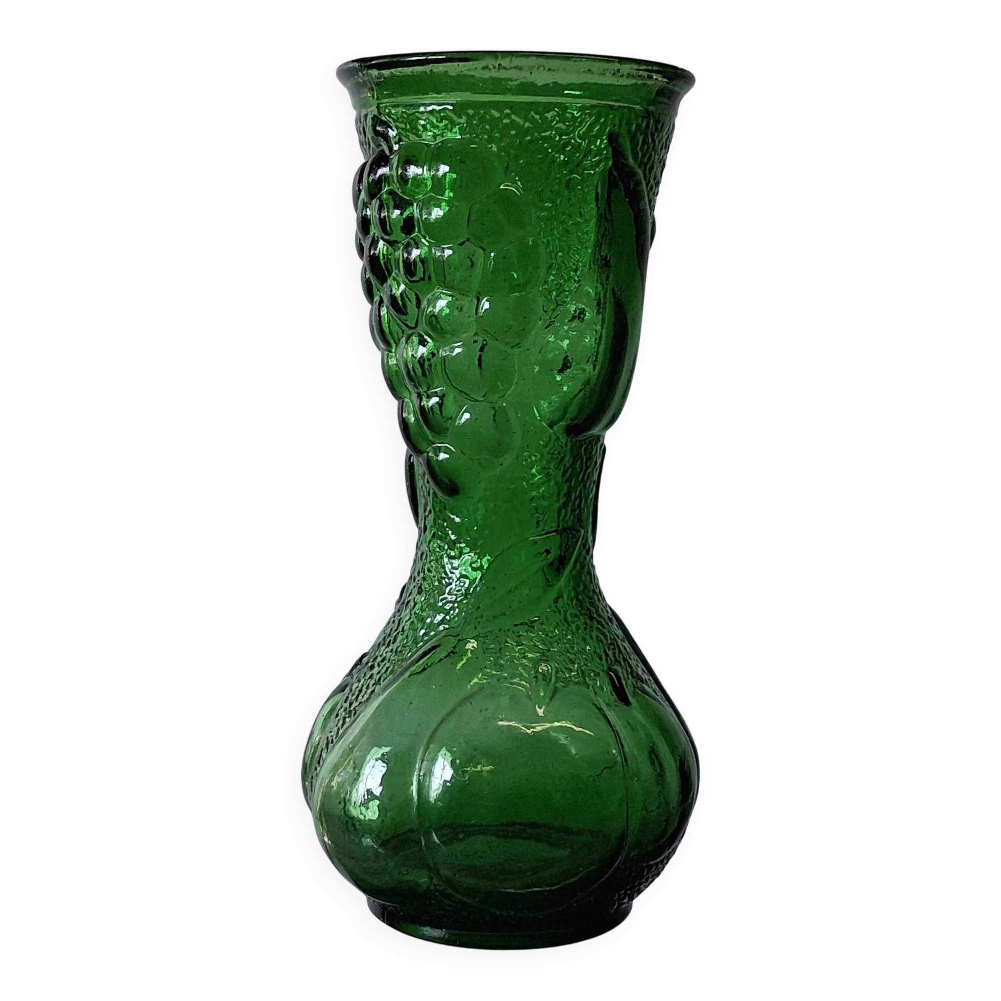 Vintage green glass vase with a fruit design in very good condition.