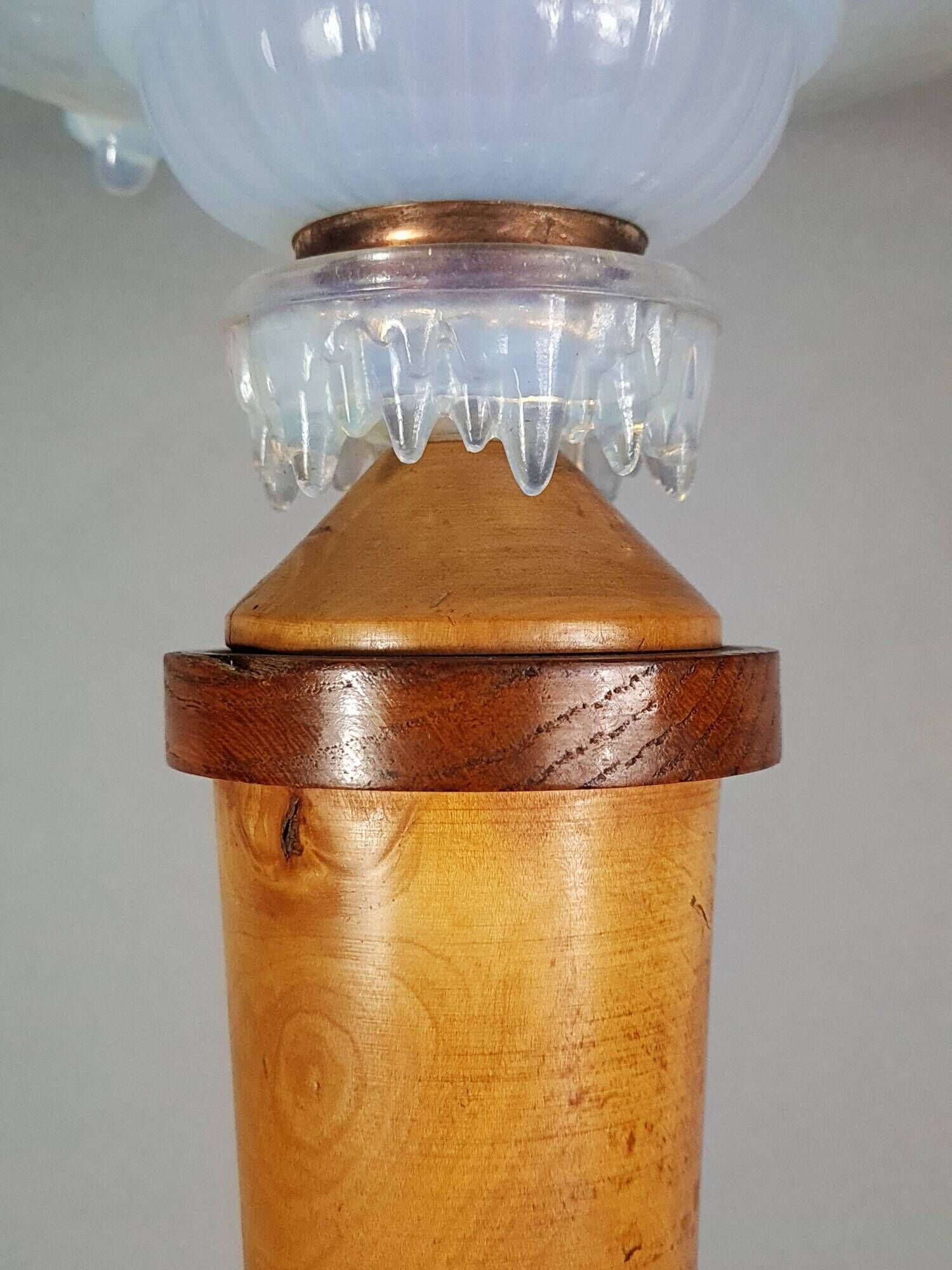 Antique opalescent glass and wood lamp, attributed to Ezan, 61 cm, C786