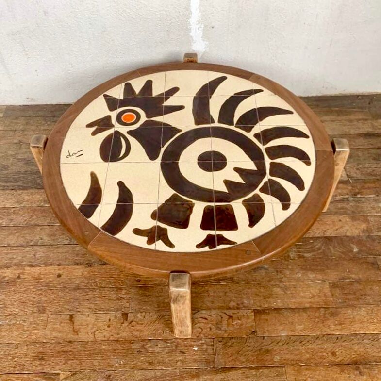 Ceramic coffee table and vintage wood year 1965 signed Dan