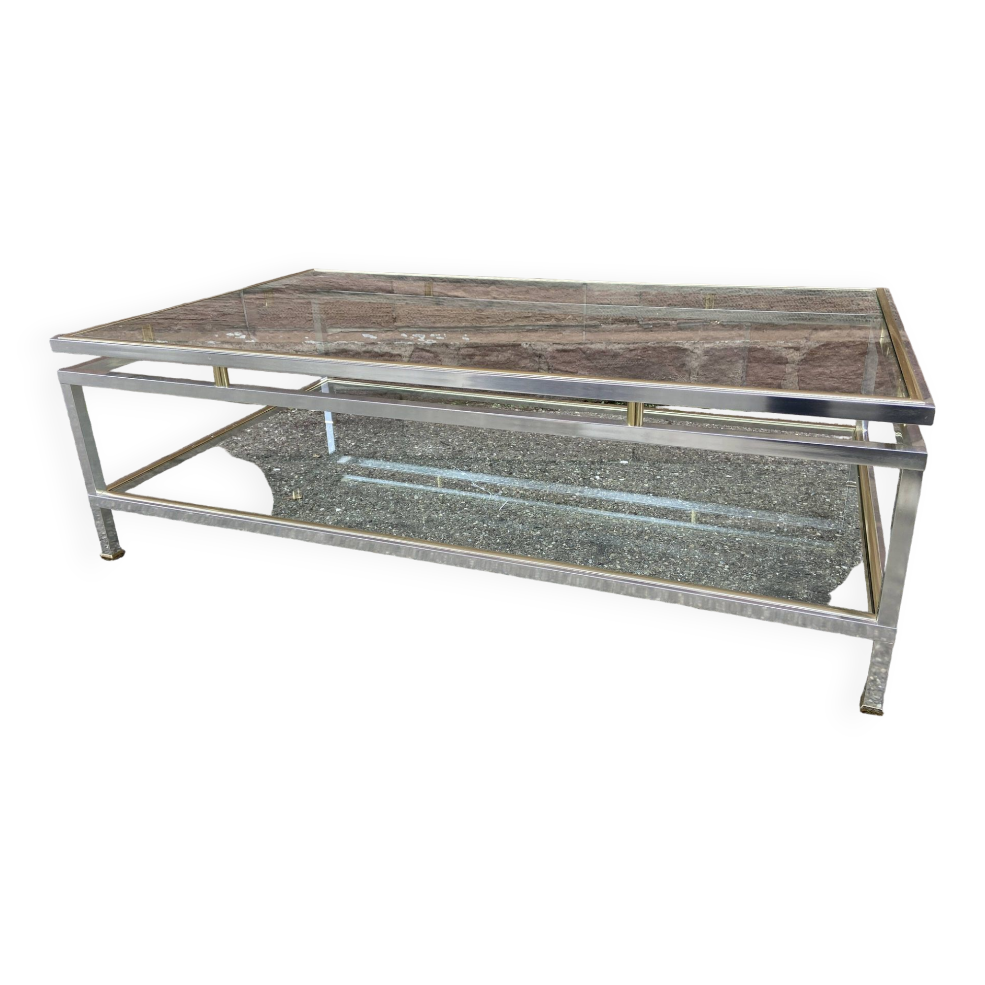 Brushed Aluminum and Brass Coffee Table by Guy Lefevre for Maison Jansen, 1970s