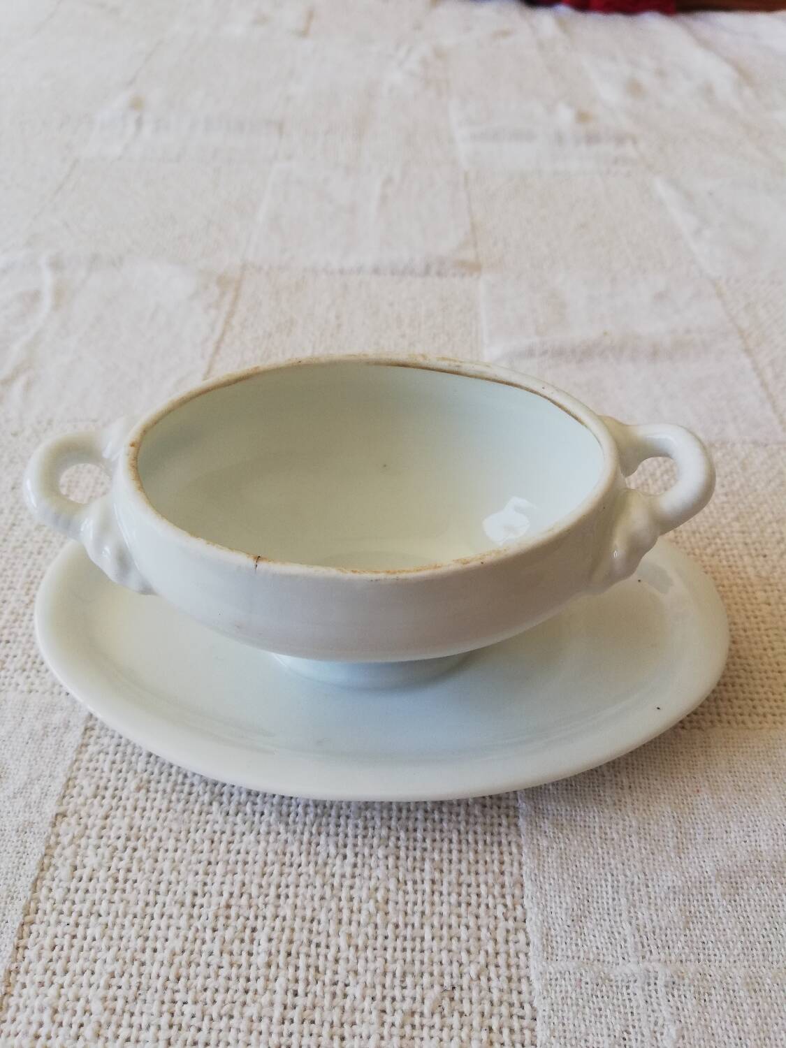 Vintage white earthenware mustard pot or sauce boat.