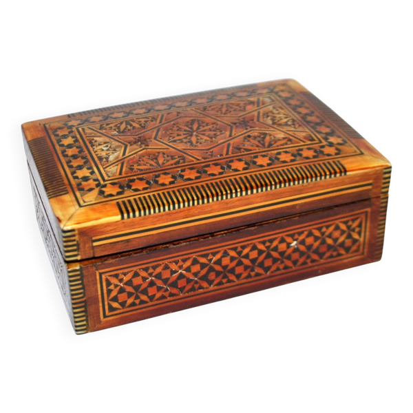 Boîte coffret vintage en bois décor de marqueterie de paille et nacre — Beyit