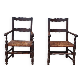 Pair of wooden and straw farm armchairs