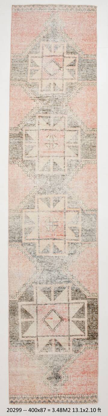 3x13 Pale Red Turkish Vintage Runner Rug, 87x400Cm SK 20299