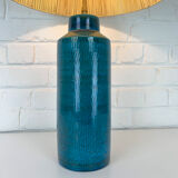 Scandinavian table lamp in porcelain stoneware lampshade raffia, Nymølle pottery, Denmark 1960s