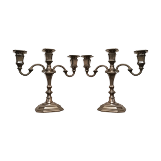 Paire de chandeliers trois branches art déco en métal argenté