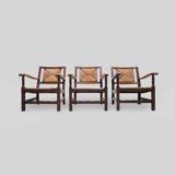 Mid-century rustic wooden armchairs with woven seat and back