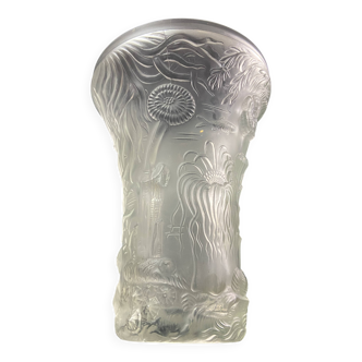 Large frosted glass vase Art Deco Josef Inwald Barolac 1936 marine life decor