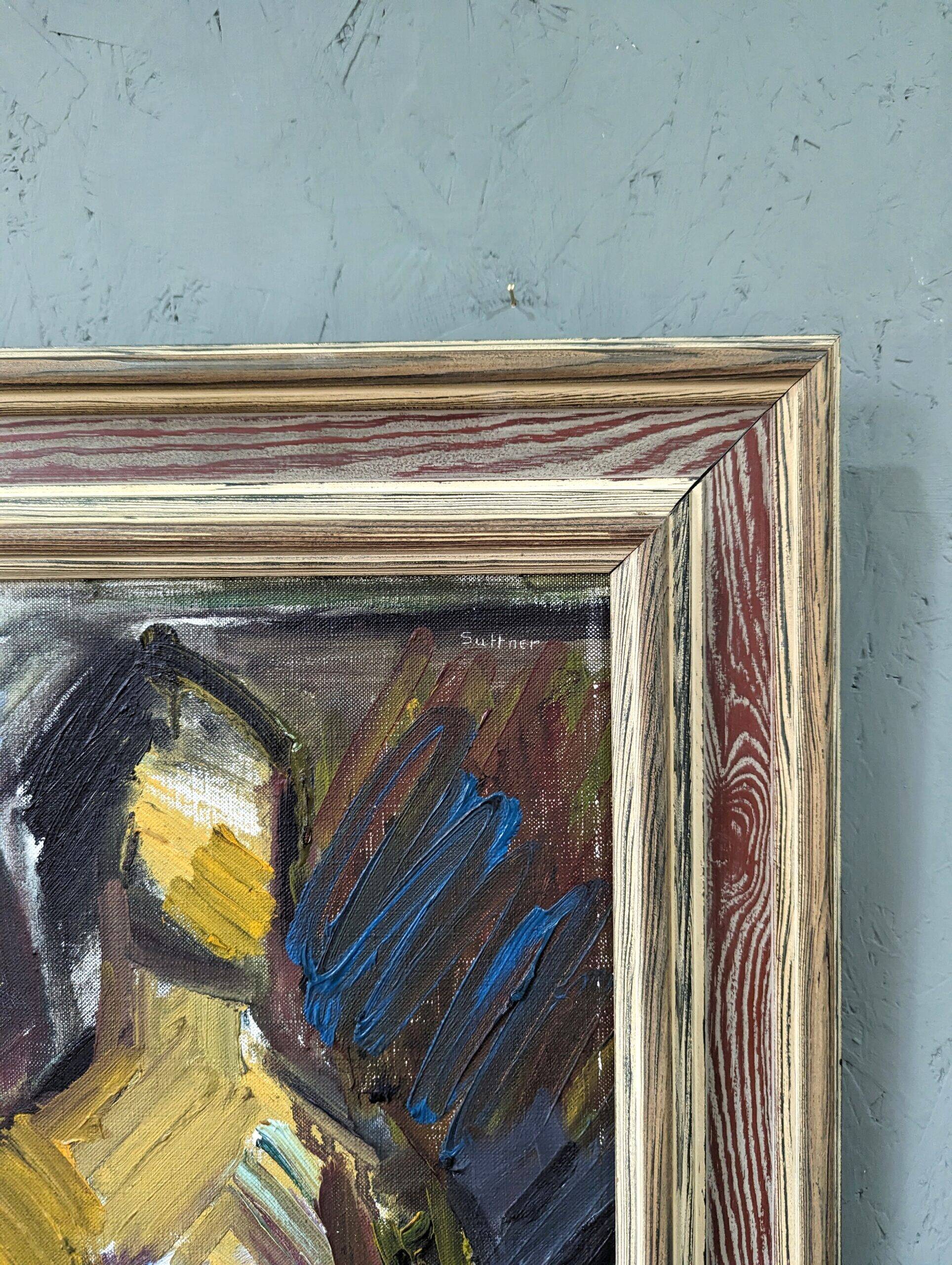 Mid-Century Modern Swedish "Painterly Portrait" Vintage Portrait Oil Painting, Framed