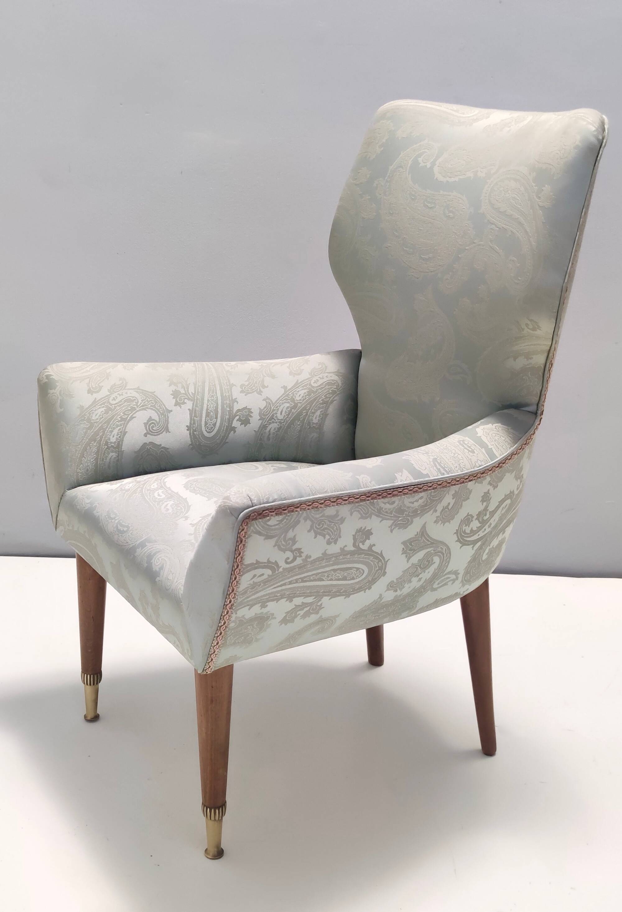 Pair of Grey Satin Lounge Chairs with Walnut Frame and Brass Feet Caps