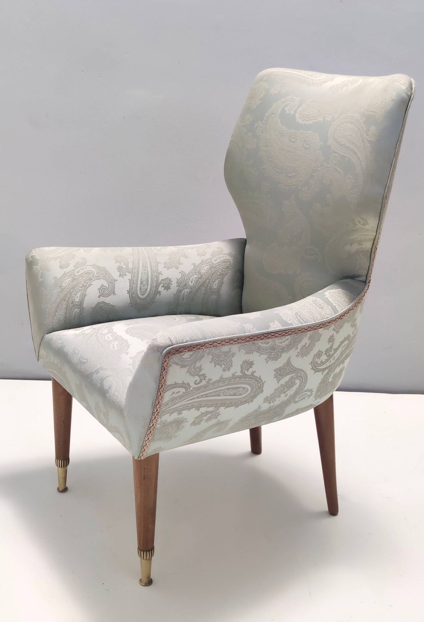 Pair of Grey Satin Lounge Chairs with Walnut Frame and Brass Feet Caps