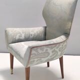 Pair of Grey Satin Lounge Chairs with Walnut Frame and Brass Feet Caps