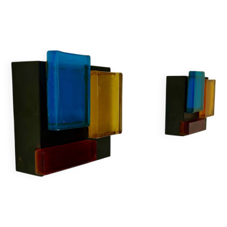 Pair of vintage wall lights, matte black metal and glass paste, France 1960
