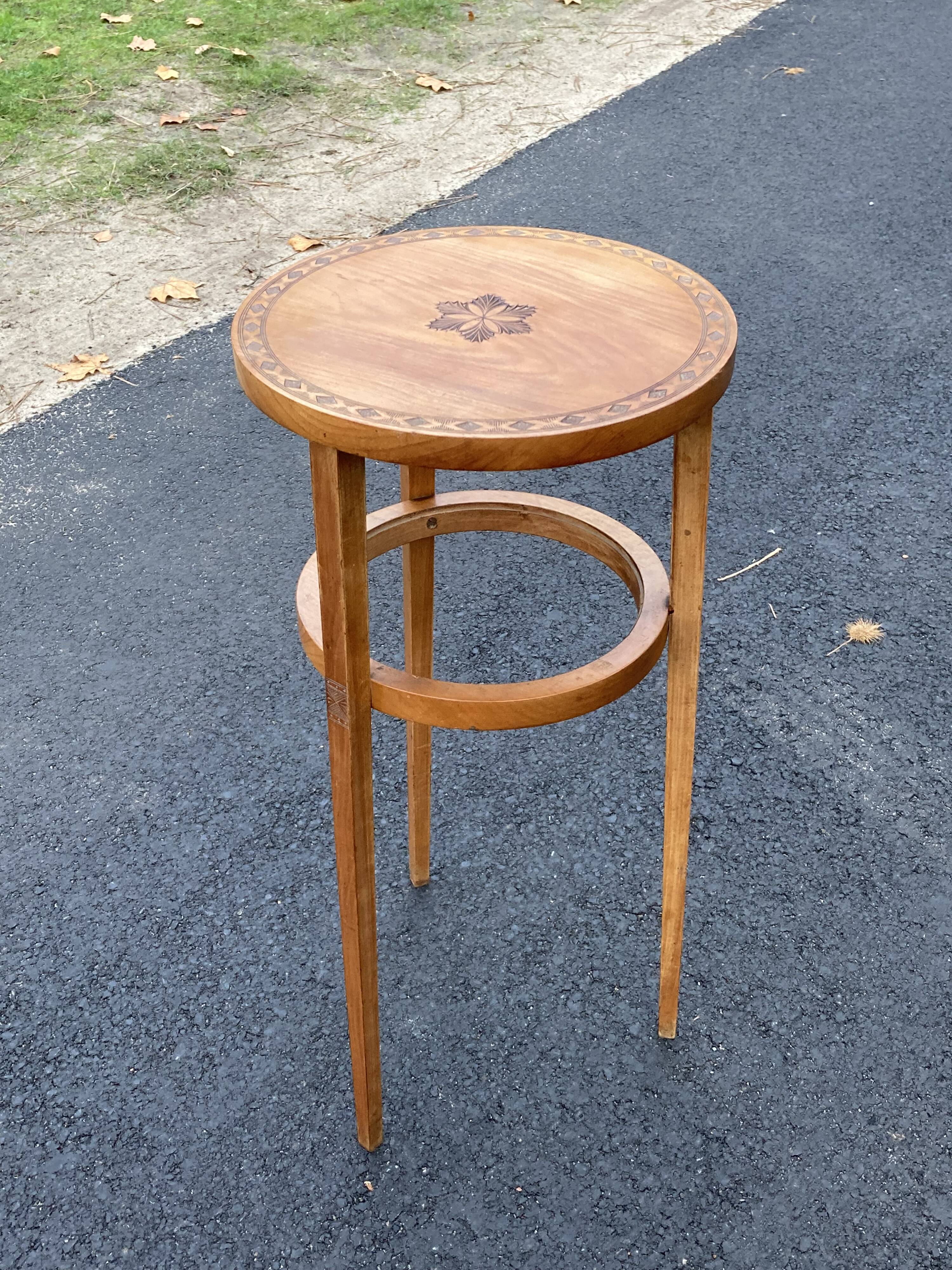 Art Deco Wooden Pedestal Table Carved with Star / Antique Side Table 1930