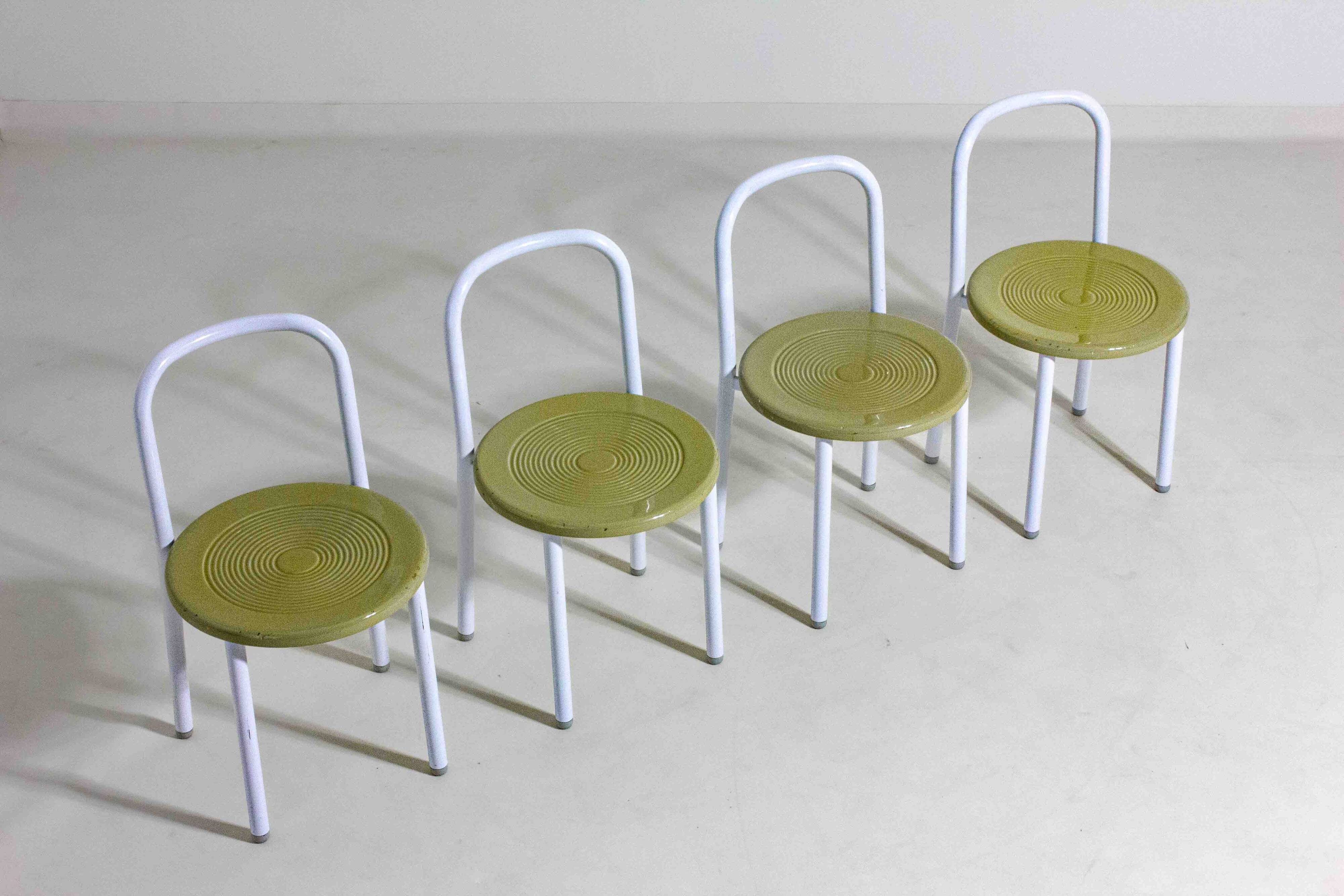 Set of four Italian postmodern metal chairs with sculpted seats, 1980s