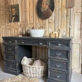 Bureau, meuble de salle de bain ancien en bois patiné noir