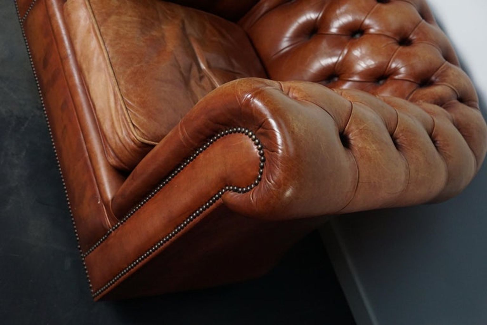 Set of 2 vintage chesterfield club armchairs in cognac leather, Netherlands,