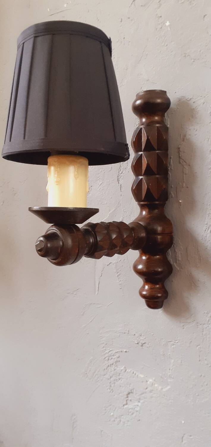 Pair of 60s Brutalist wall lights in varnished wood
