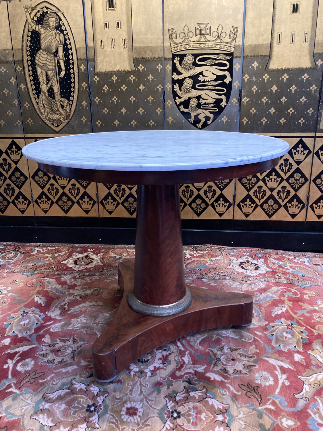 Mahogany pedestal table with marble top veneer