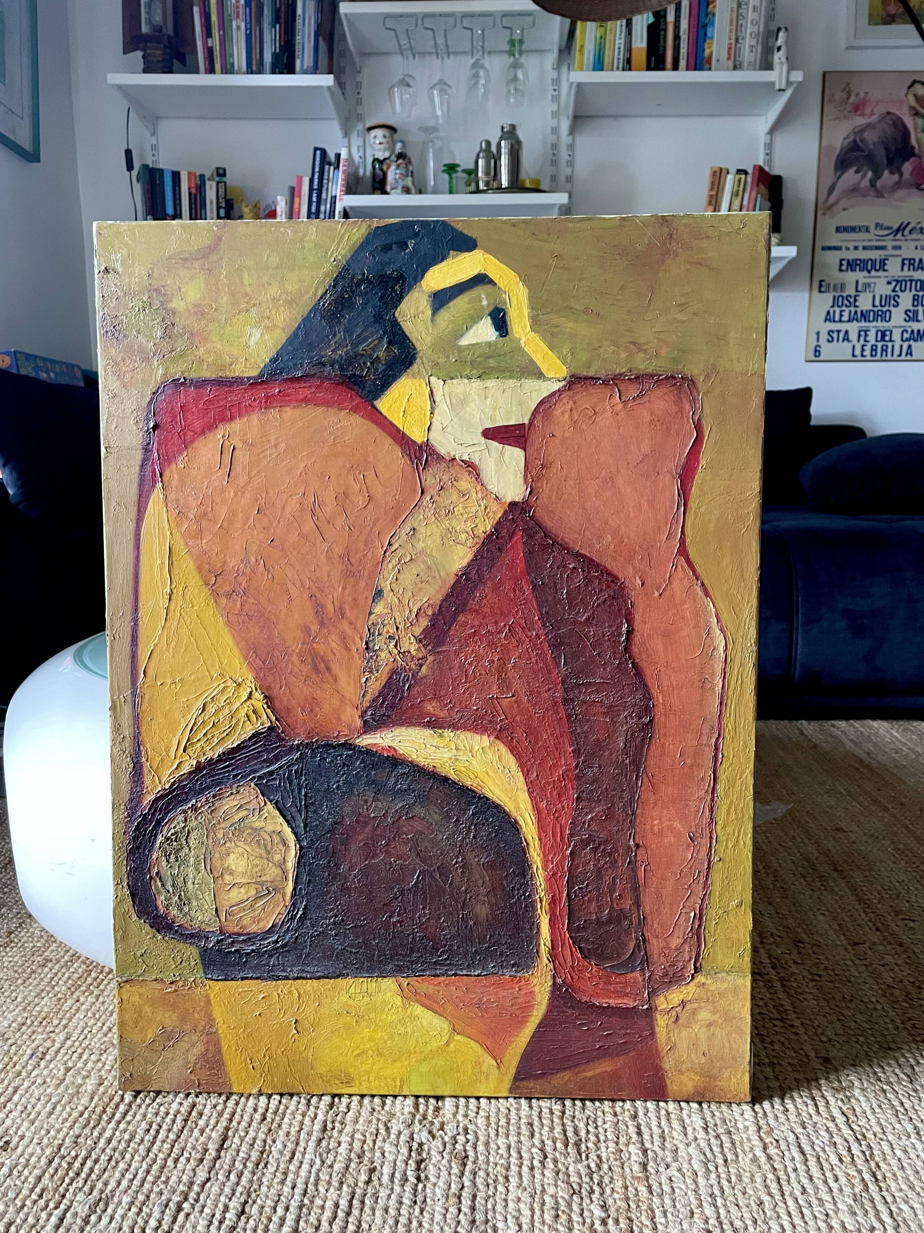 Large figurative oil painting from the 90s – Post-Cubist composition – French artist