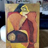 Large figurative oil painting from the 90s – Post-Cubist composition – French artist
