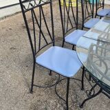 Glass and iron table with two side tables and 8 chairs