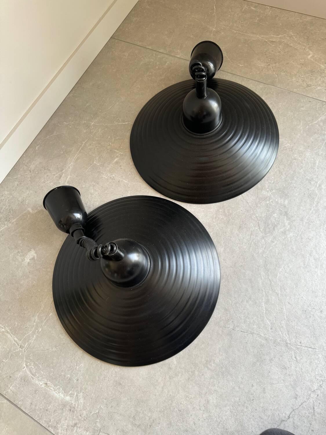 Pair of black metal pendant lights made in Belgium