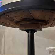Antique bistro/atelier round table – wooden top with metal rim – foot