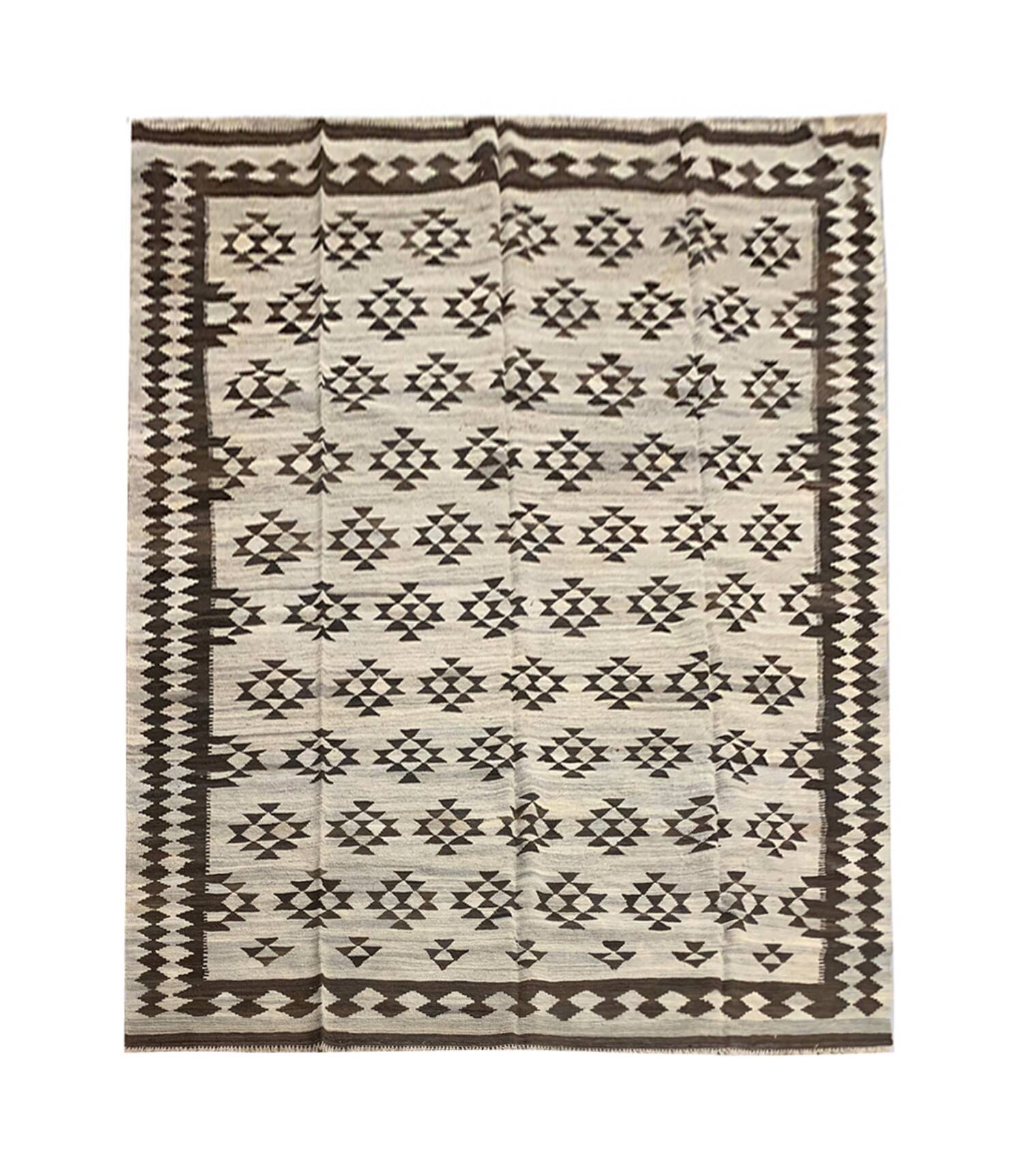 Geometric Subtle Wool Kilim Rug, Handwoven Cream & Brown Floor Covering