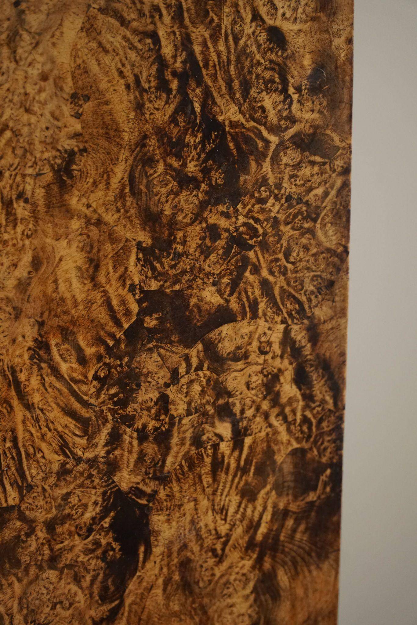 Antique square table with drop leaves made of burl wood, handcrafted in Sweden, 19th century.