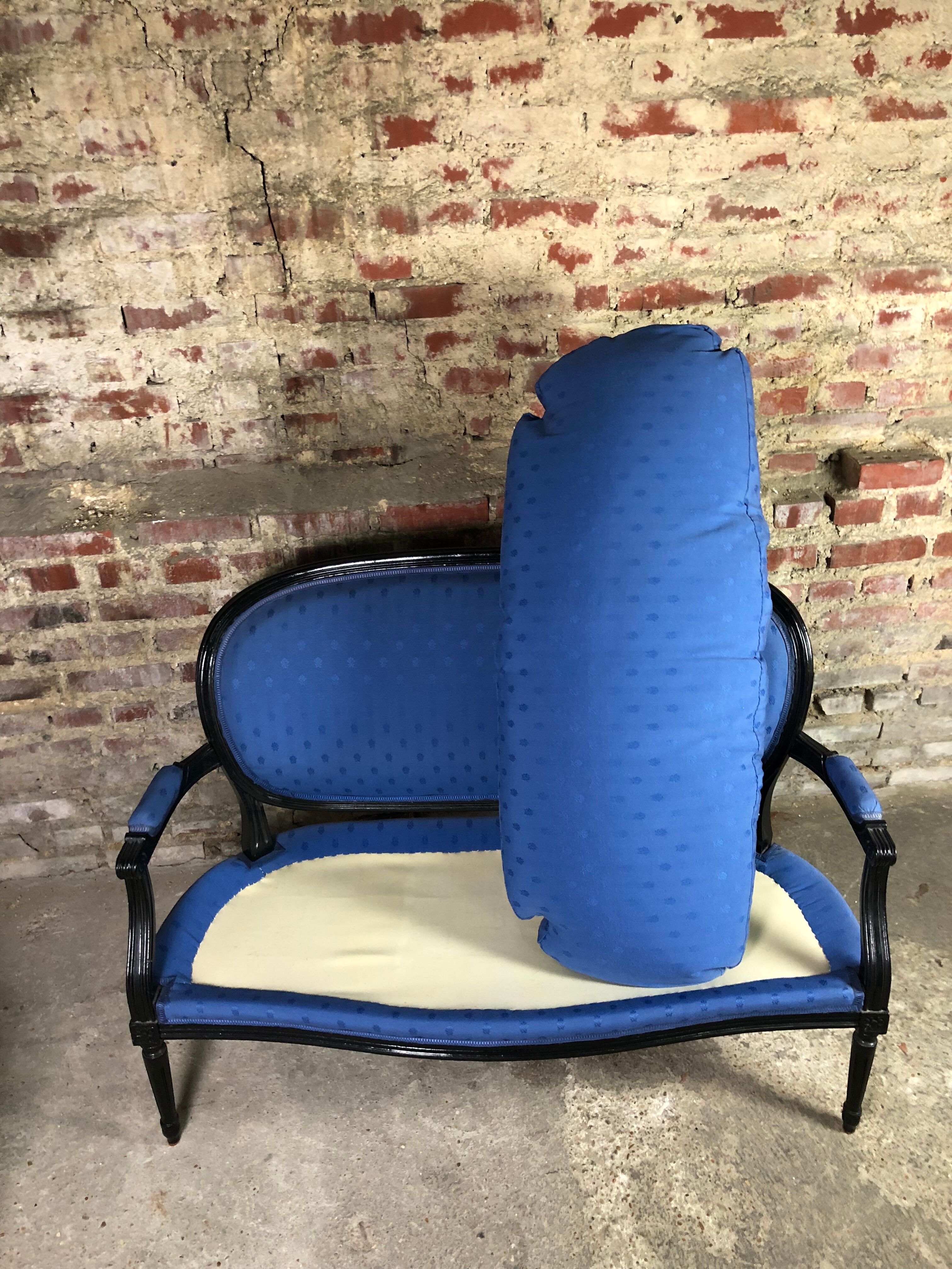 Louis XVI style bench in black wood and blue fabric