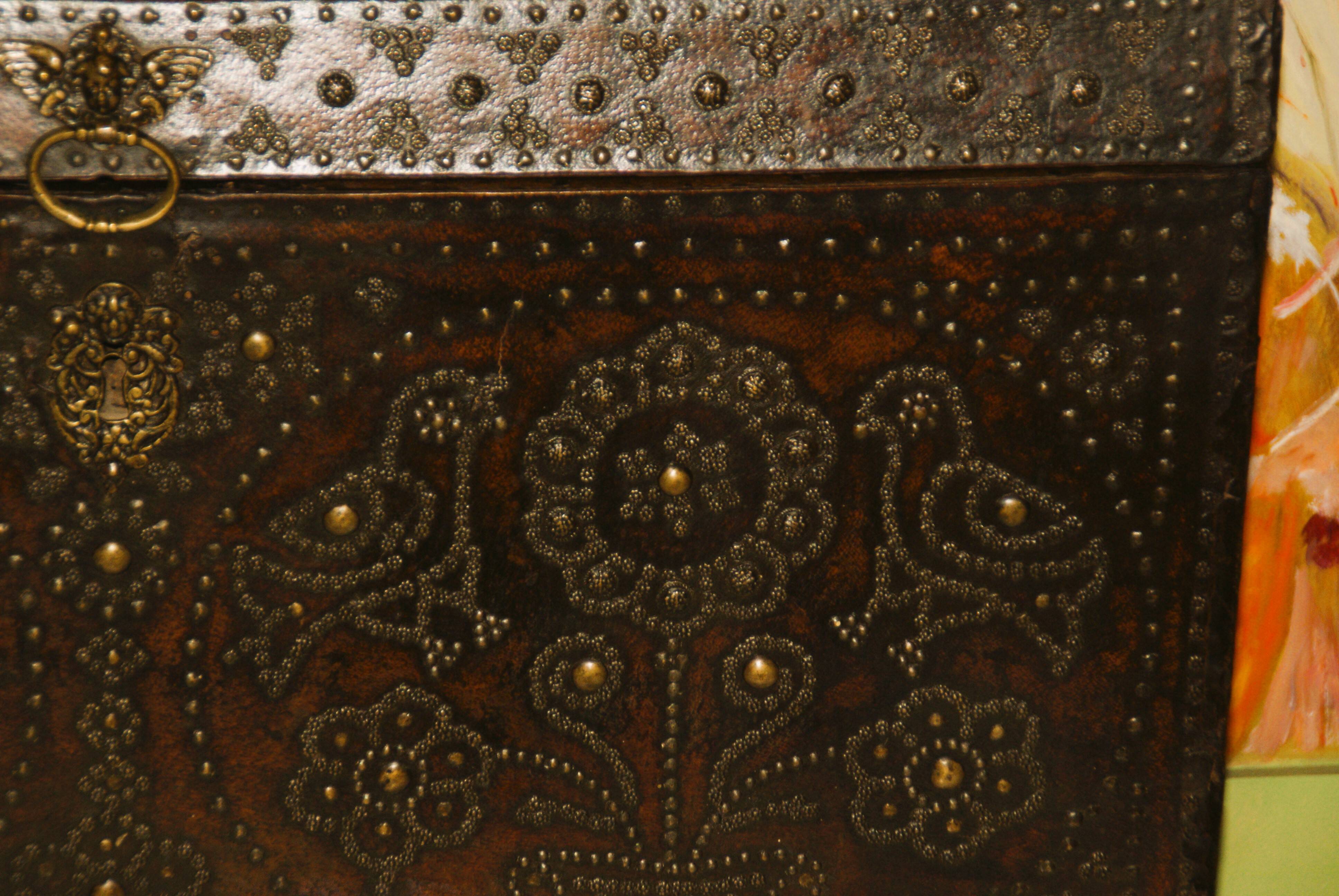 17th century studded leather travel trunk, richly decorated