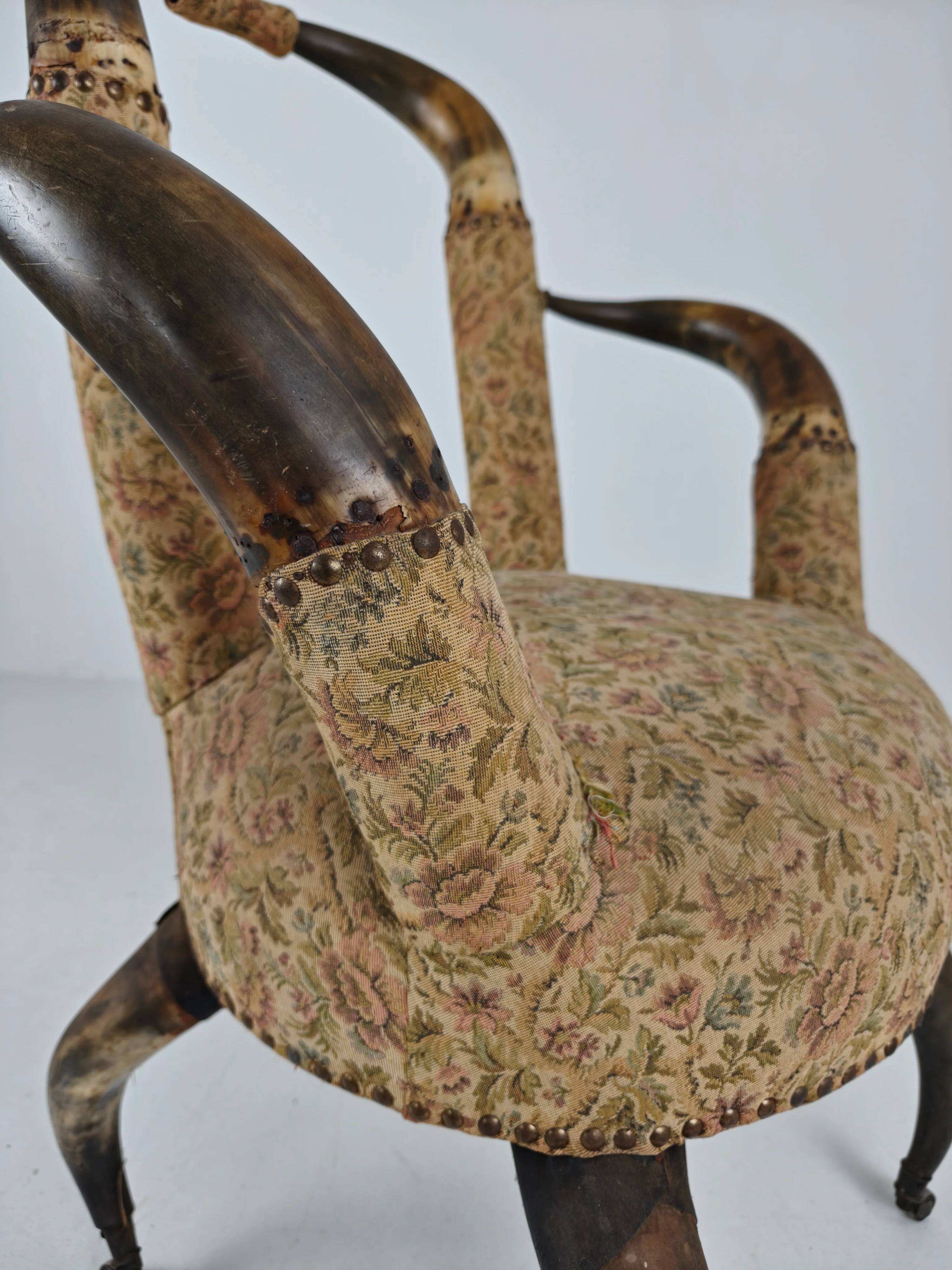 Rare 19th century highly decorative bull horn armchair (1870)