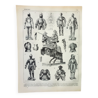 Engraving • Medieval armour, knight • Original and vintage lithograph from 1898