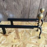 Pair of Antique Black Cast Iron + Vintage Bronze Fireplace Andirons