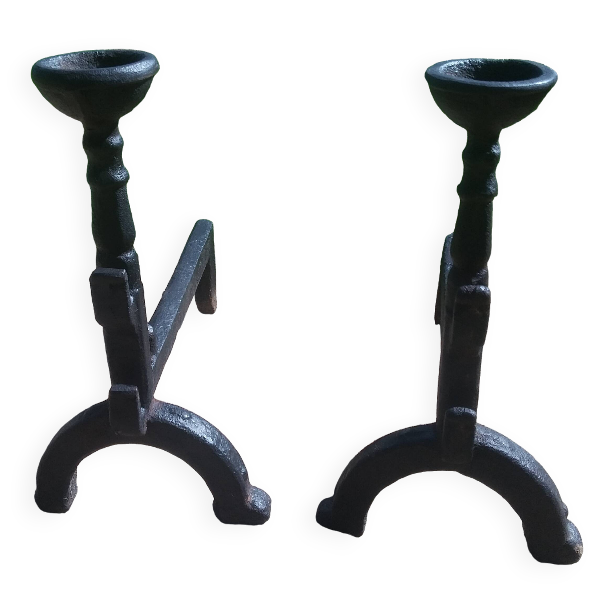 Pair of Small Fireplace Andirons with Bowls