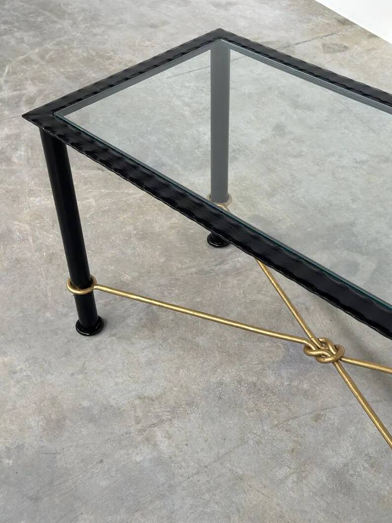 Vintage Coffee Table in Textured Black Wrought Iron and Glass with Gold Detail, 1970s