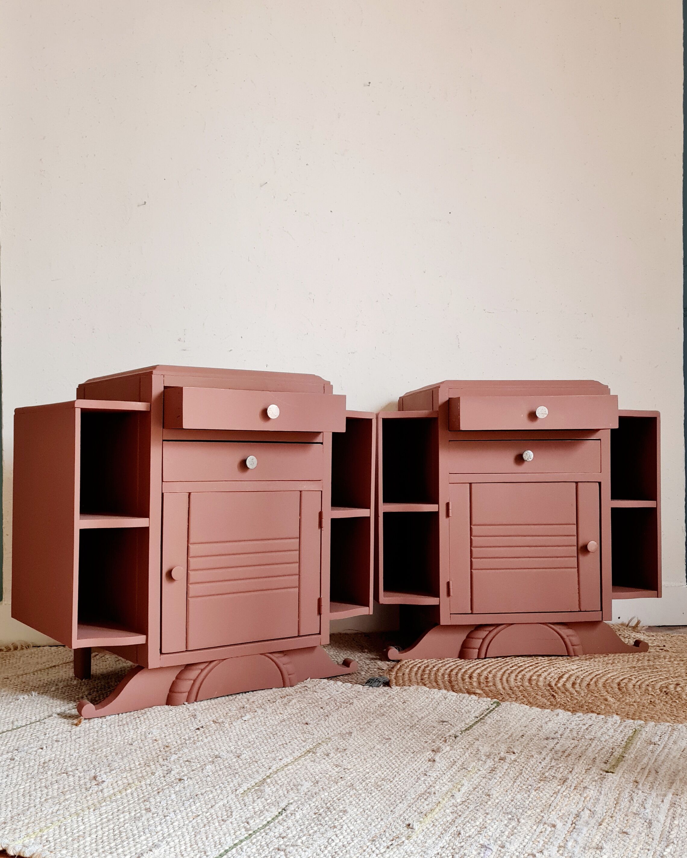 Pair of art deco bedside tables renovated Red ochre