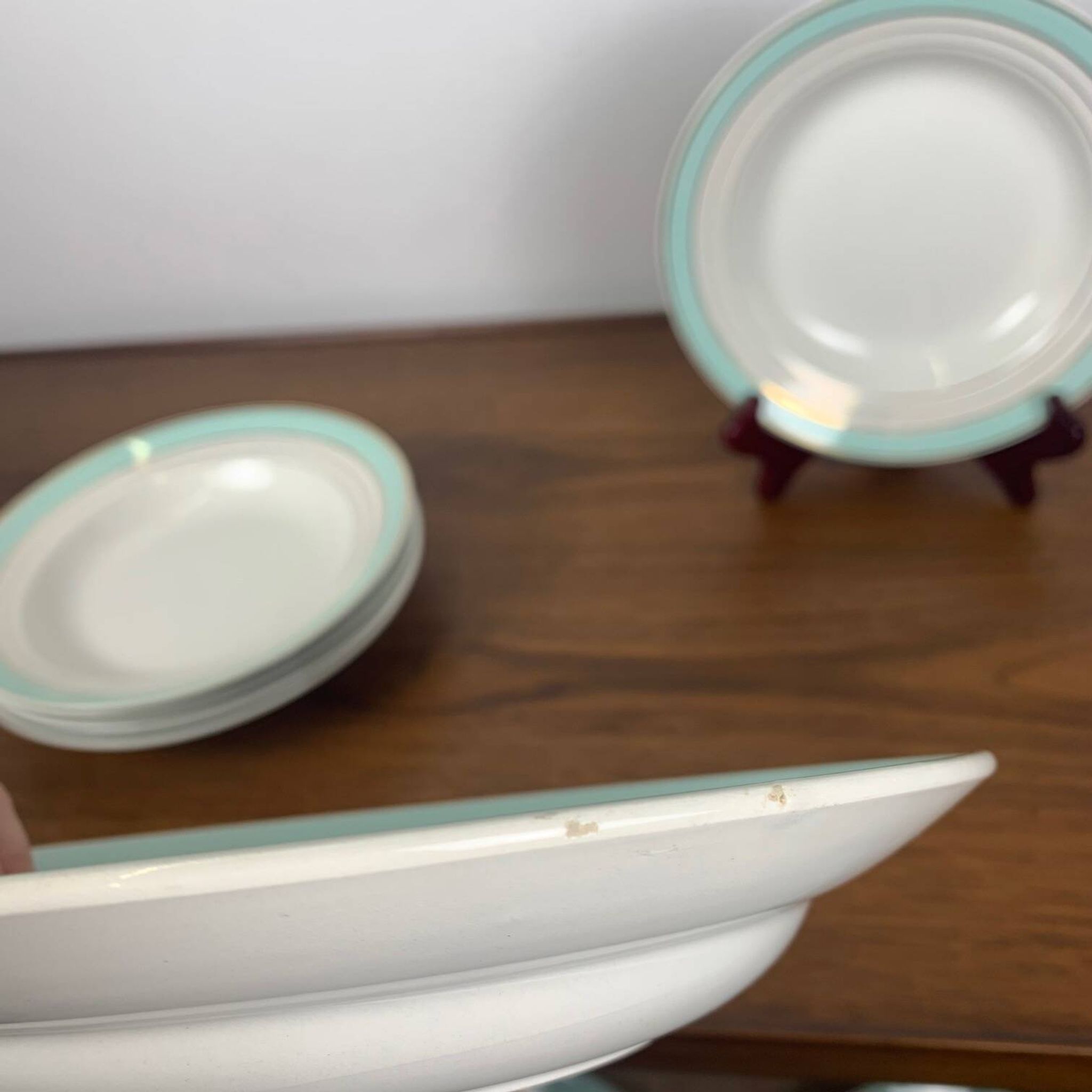 Set of 6 Lunéville soup plates, "Régence" model, water green and 4 lines