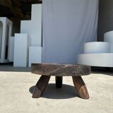 Small tripod stool low in dark brown upcycled teak
