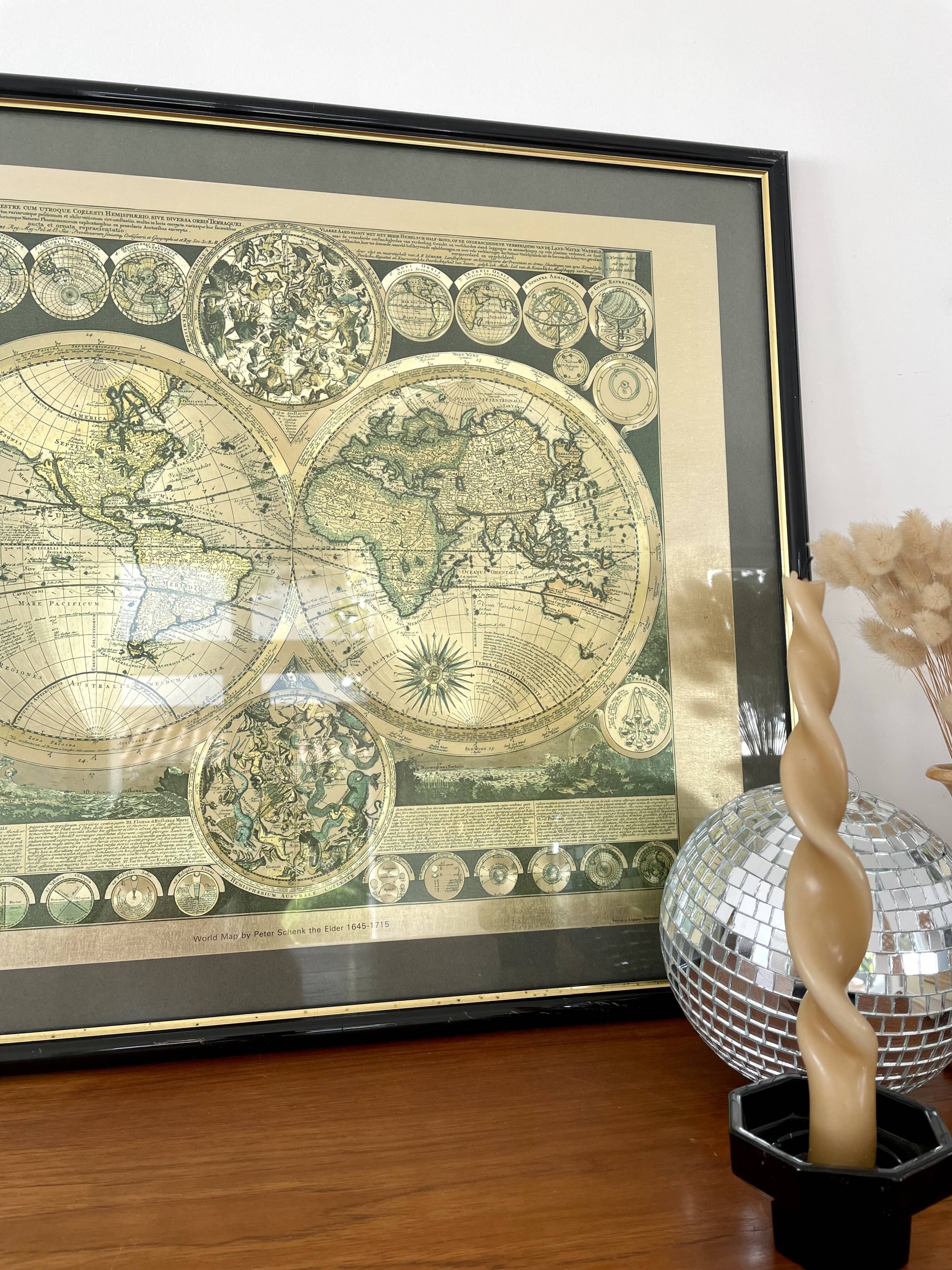 Vintage world map frame "World Map by Peter Schenk The Elder 1645-1715"