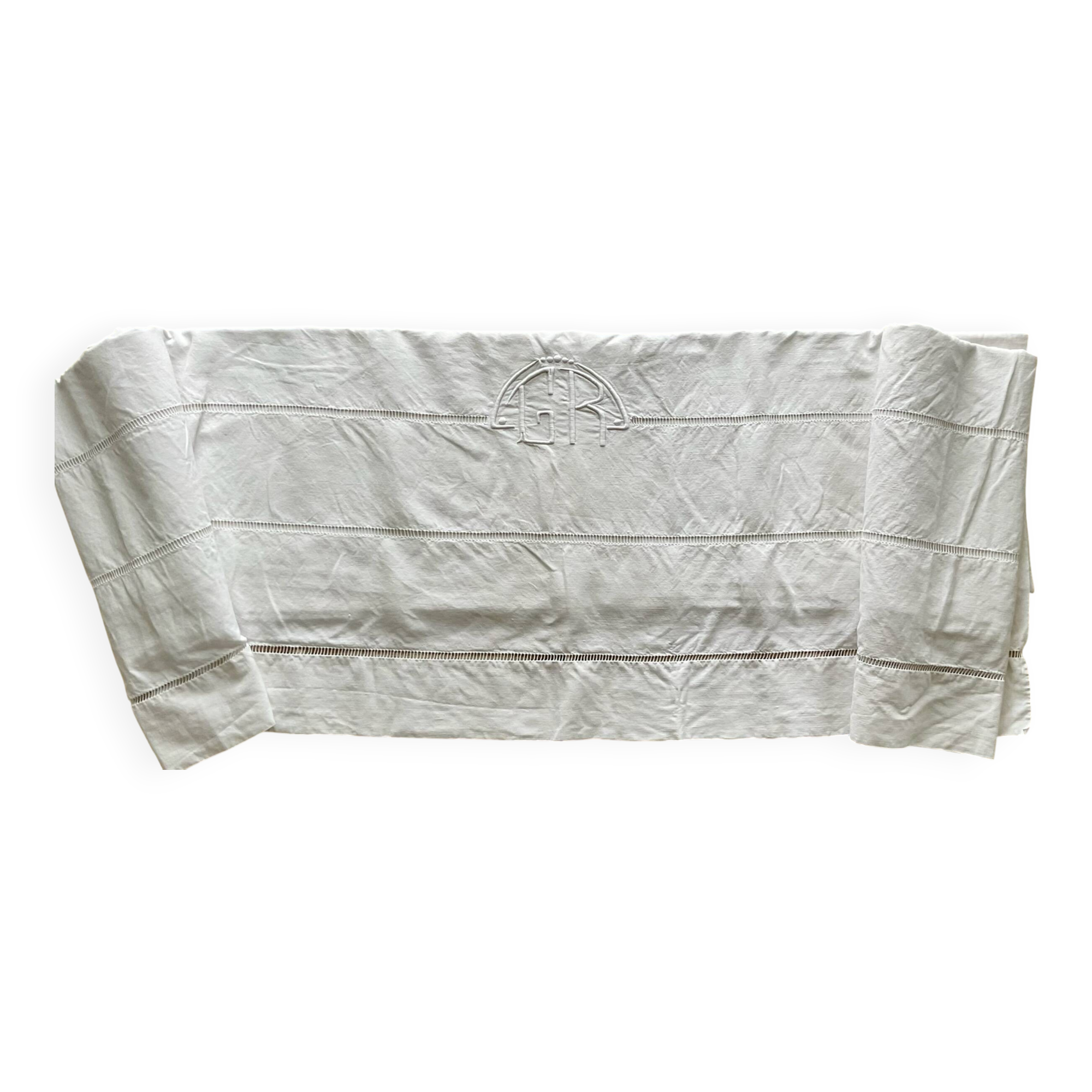 Antique linen sheet hand-embroidered with GR monogram