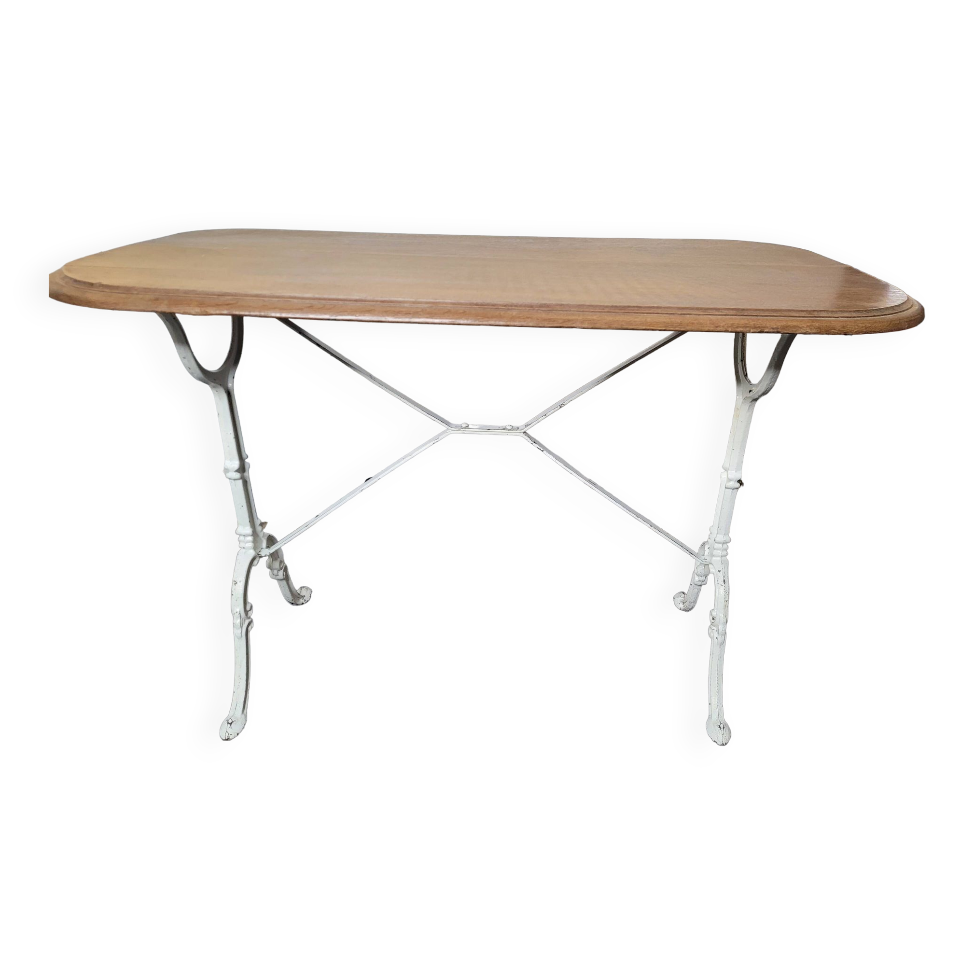 Bistro table with cast iron base and oak top