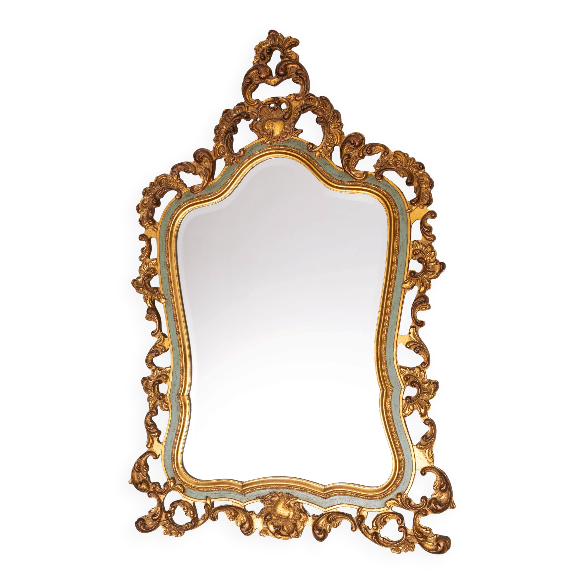 Baroque gilded Louis XV style beveled mirror with " Brevete" label, 1950s