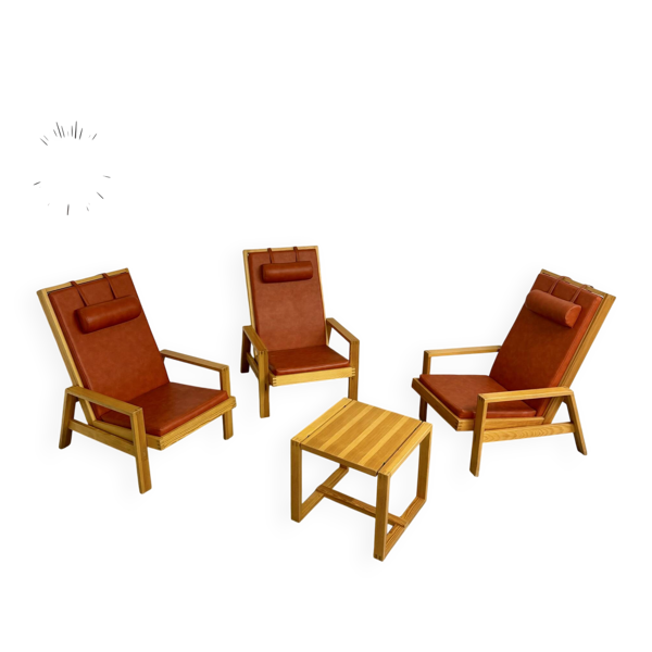 Ensemble salon en pin 3 fauteuils lounge et table design scandinave 70