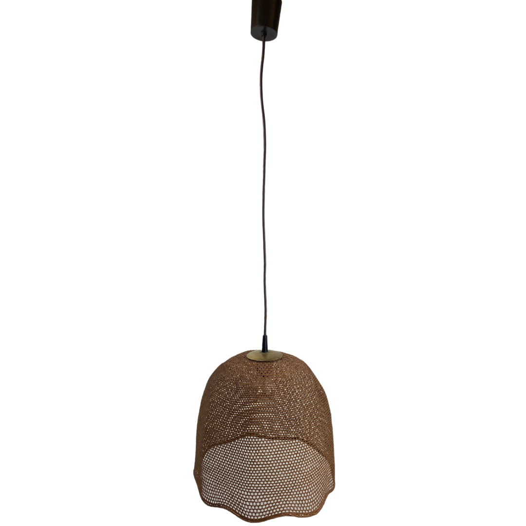 Rattan wicker webbing beehive pedant hanging lamp with brass, Dutch 1960s